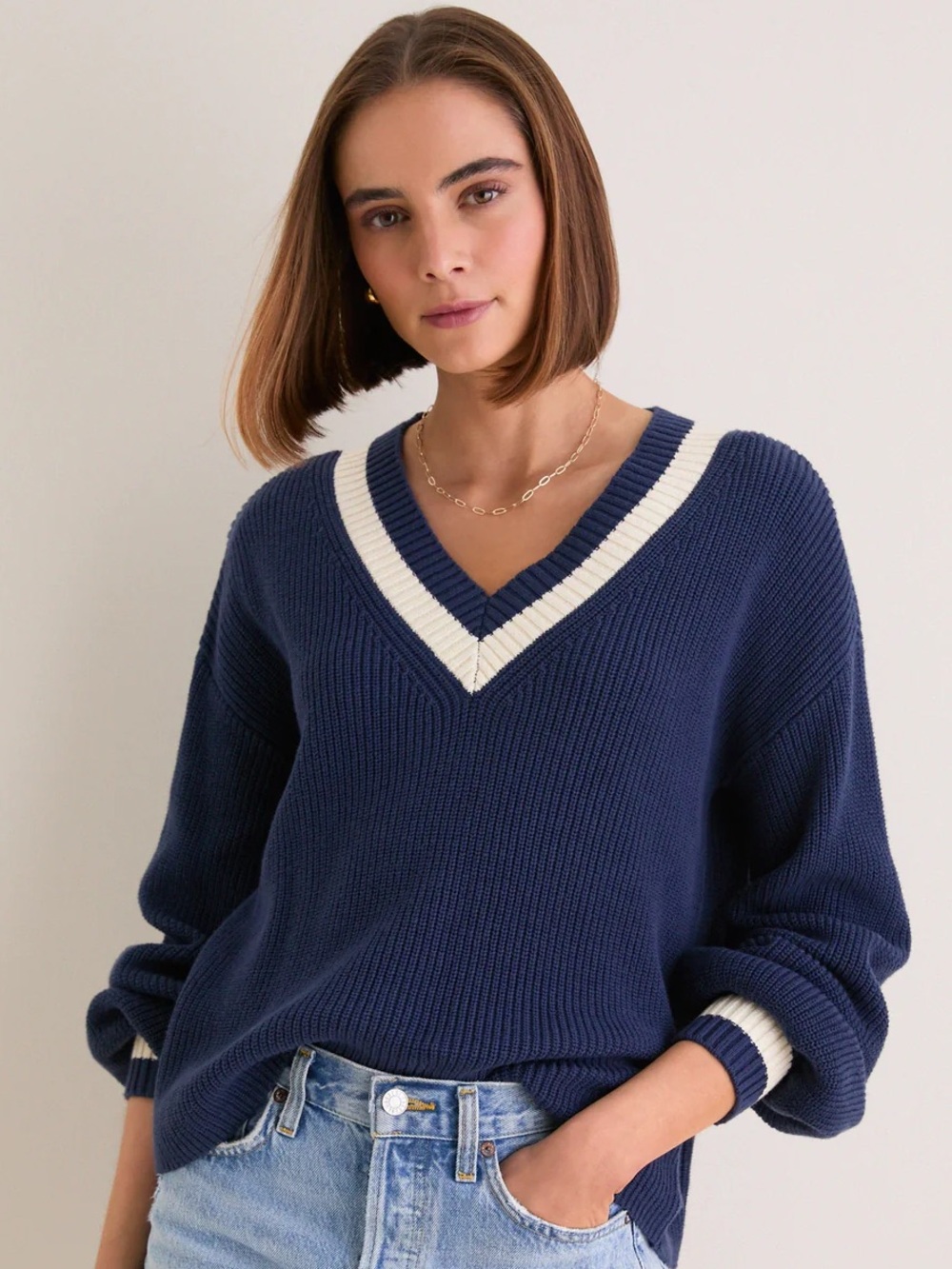 Tuckernuck Washed Navy Ashe Knit Sweater V-Neck, Coastal/Nautical Style
